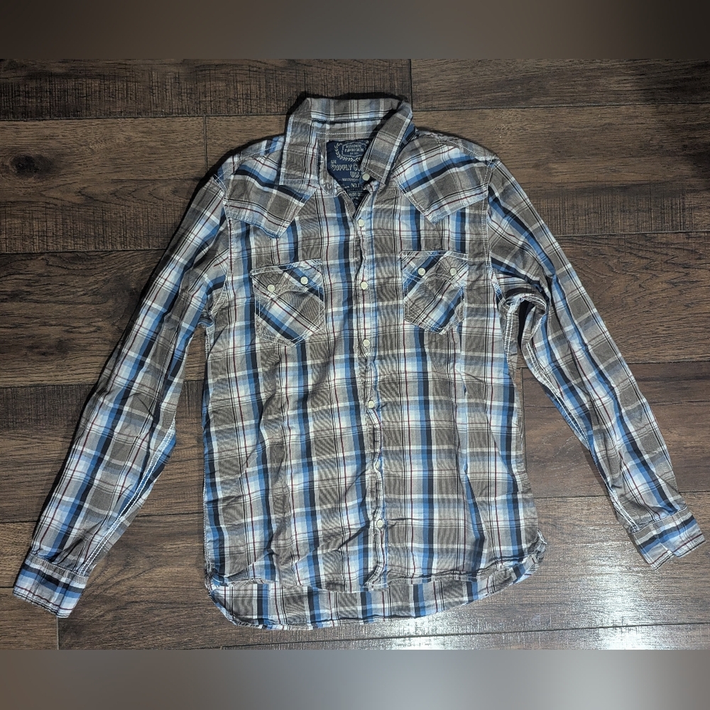 GPH Supply Co. #1 Mens Western Plaid Shirt Roll Tab Sleeves Pearl Snaps Medium